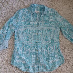Charter Club 100% Linen Aqua Button Front Shirt M Roll Tab Sleeve